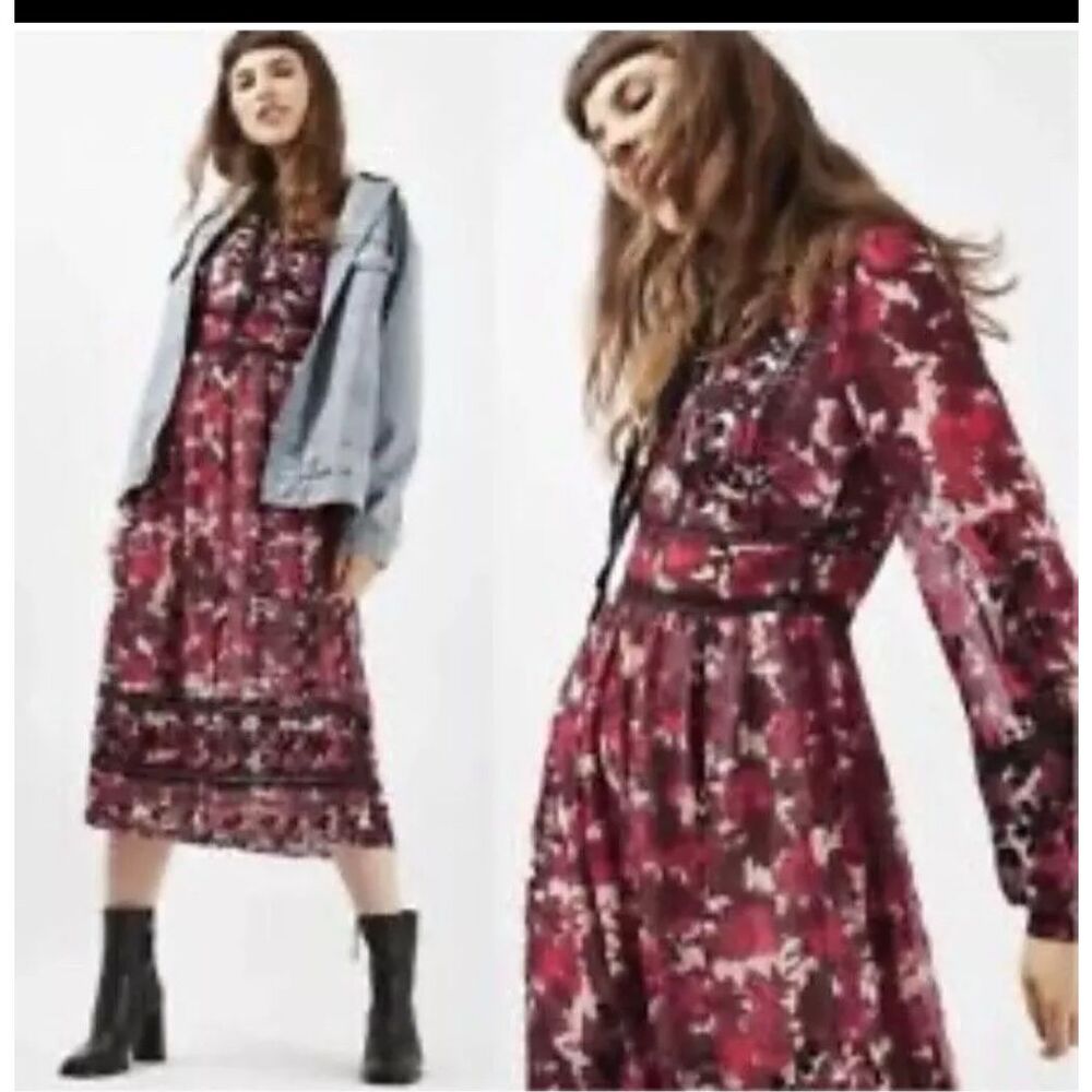NWT Topshop Women's Floral Lace Up Long Sleeve Fit & Flare Dress Multicolor Sz 6